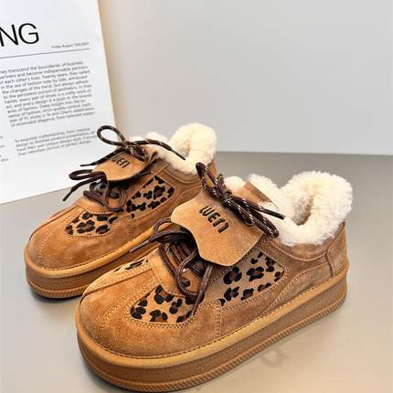 2025秋冬新款真皮厚底德训鞋加绒保暖雪地靴子复古豹纹毛毛板鞋女