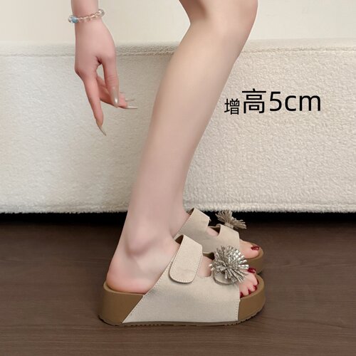 夏季牛皮水钻勃肯厚底一字拖女