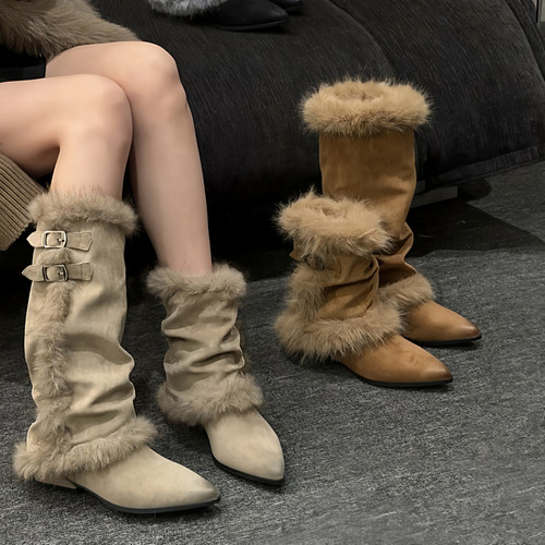 冬季新款磨砂皮尖头毛绒女靴