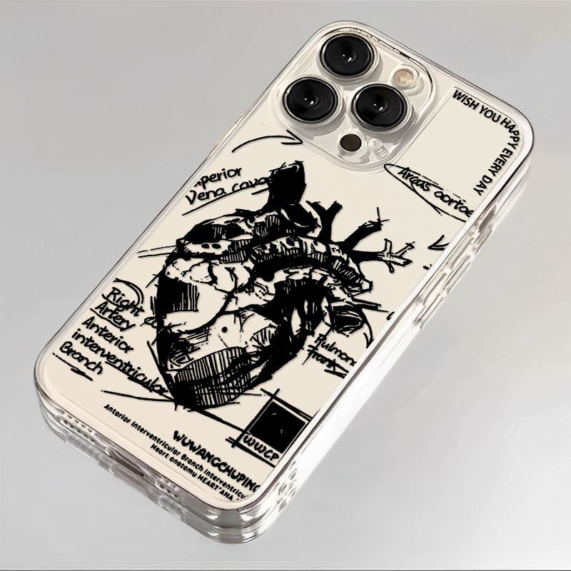 适用苹果16素描心脏手机壳iPhone15promax创意14个性13mini小众12透明11全包x新款xr医学生xs保护套8软7外壳