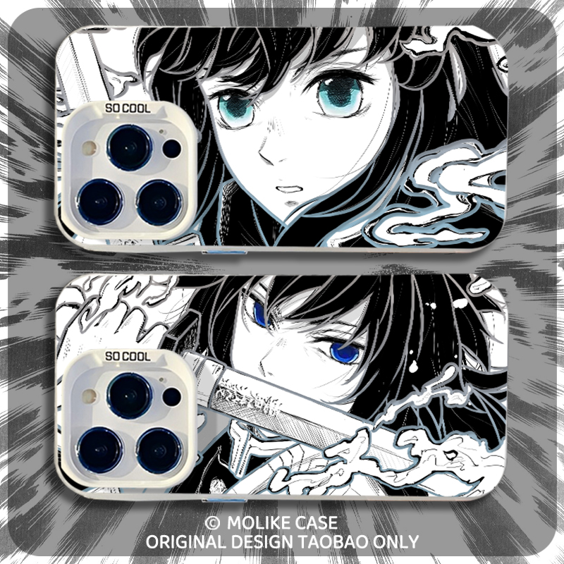 黑白线稿鬼灭之刃适用苹果17手机壳iPhone16promax富冈义勇15新款14镭射13mini周边12动漫11/x/xr/xs/8/7/air
