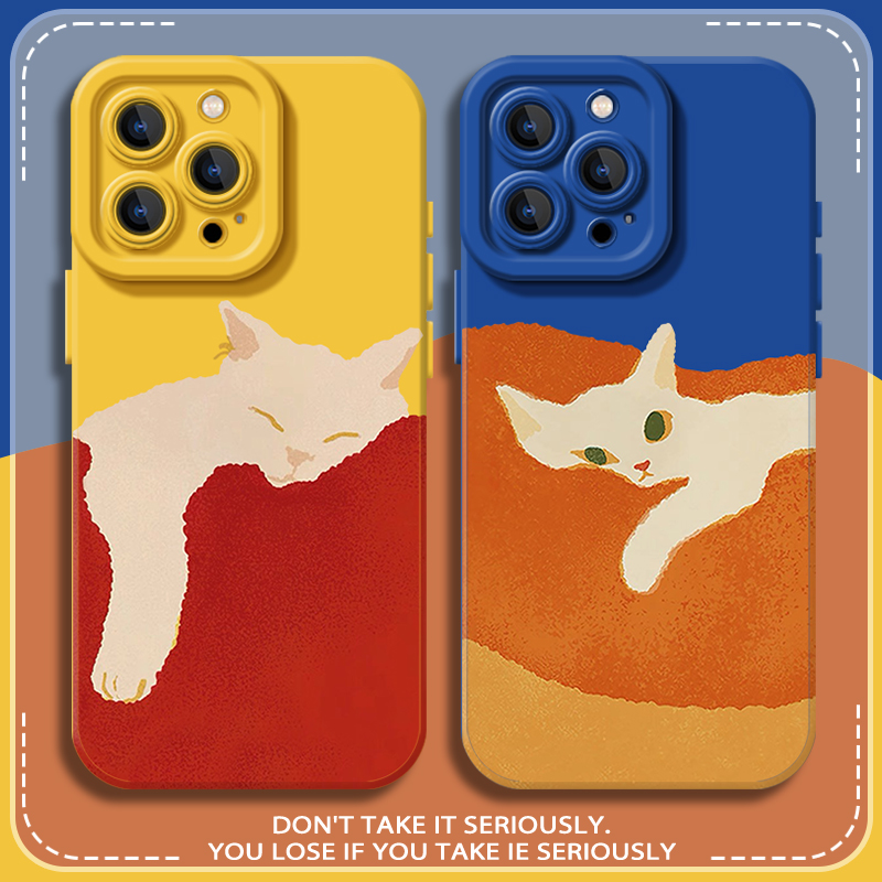 慵懒猫咪适用苹果17手机壳iPhone16promax液态硅胶15油画13mini创意12小众14情侣x新款xr防摔xs保护套8/7外壳