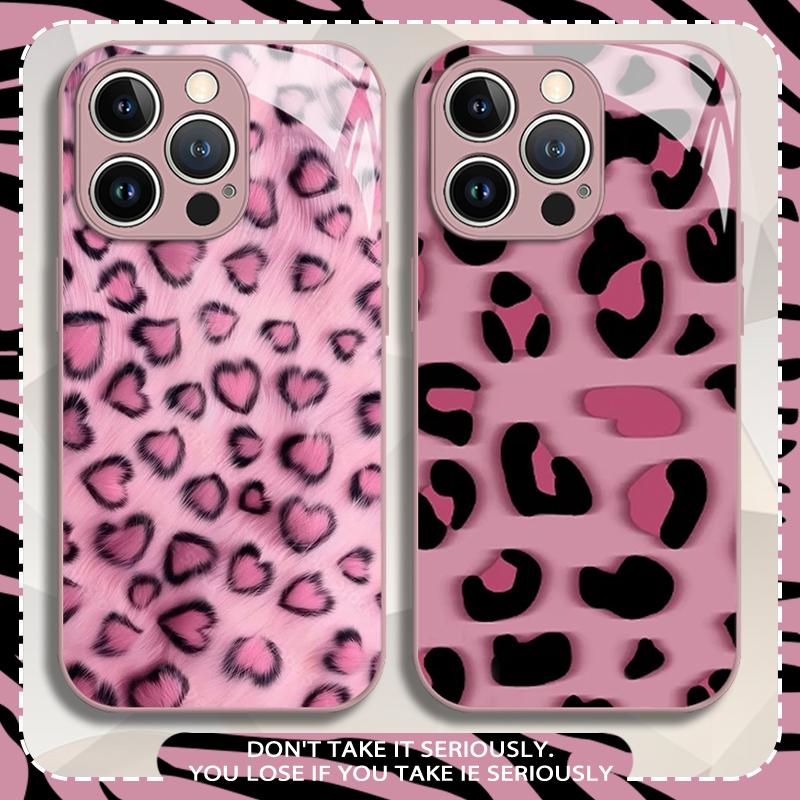 适用苹果17promax粉色豹纹手机壳iPhone16女款15pm高级感12玻璃13mini创意14新款x保护套xr全包xs防摔8plus/7