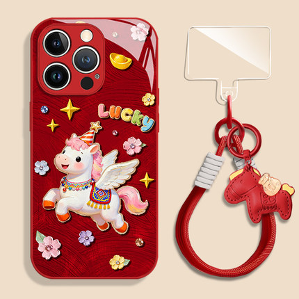 油画飞马适用苹果17promax手机壳iPhone16新年15新款14马年13mini本命年12玻璃11卡通x保护xr套xs外8防摔7红