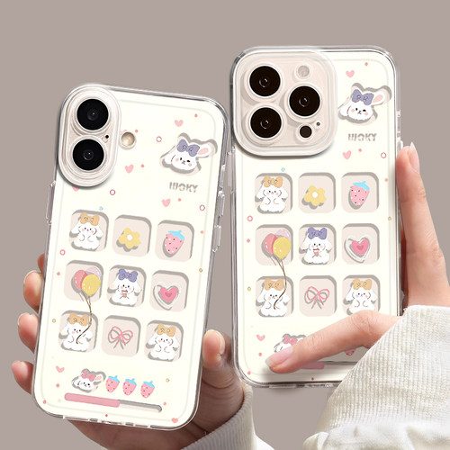 草莓小兔子适用苹果17promax手机壳iPhone16透明15新款14少女13mini卡通12可爱11镂空x磨砂xr巨好看xs全包8/7