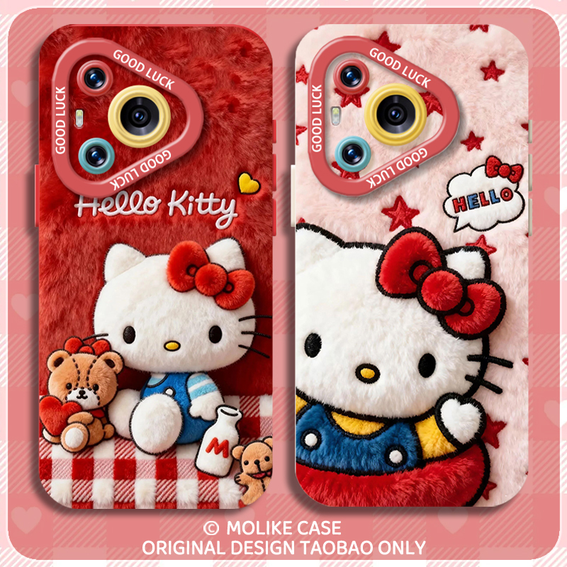 毛绒kt猫适用华为pura80手机壳mate70pro凯蒂猫nova14新款13硅胶12荣耀400卡通300可爱200/x60/50/magic8/7/6