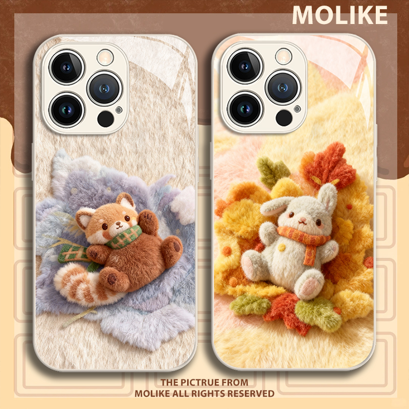 毛绒兔子适用苹果17手机壳iPhone16promax浣熊15新款14情侣13mini玻璃12秋冬11氛围x高级感xr卡通xs女8/7/air