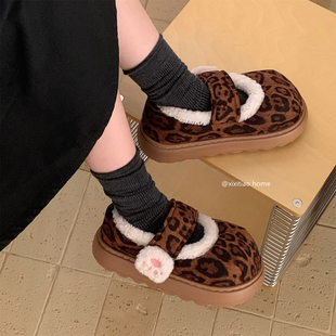 女士 高级感豹纹防滑可爱猫爪舒适棉鞋 冬季 魔术贴学生玛丽珍豆豆鞋