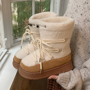 户外穿羊羔毛绑带保暖舒适中筒棉靴西部靴女士冬季增高高级感棉鞋
