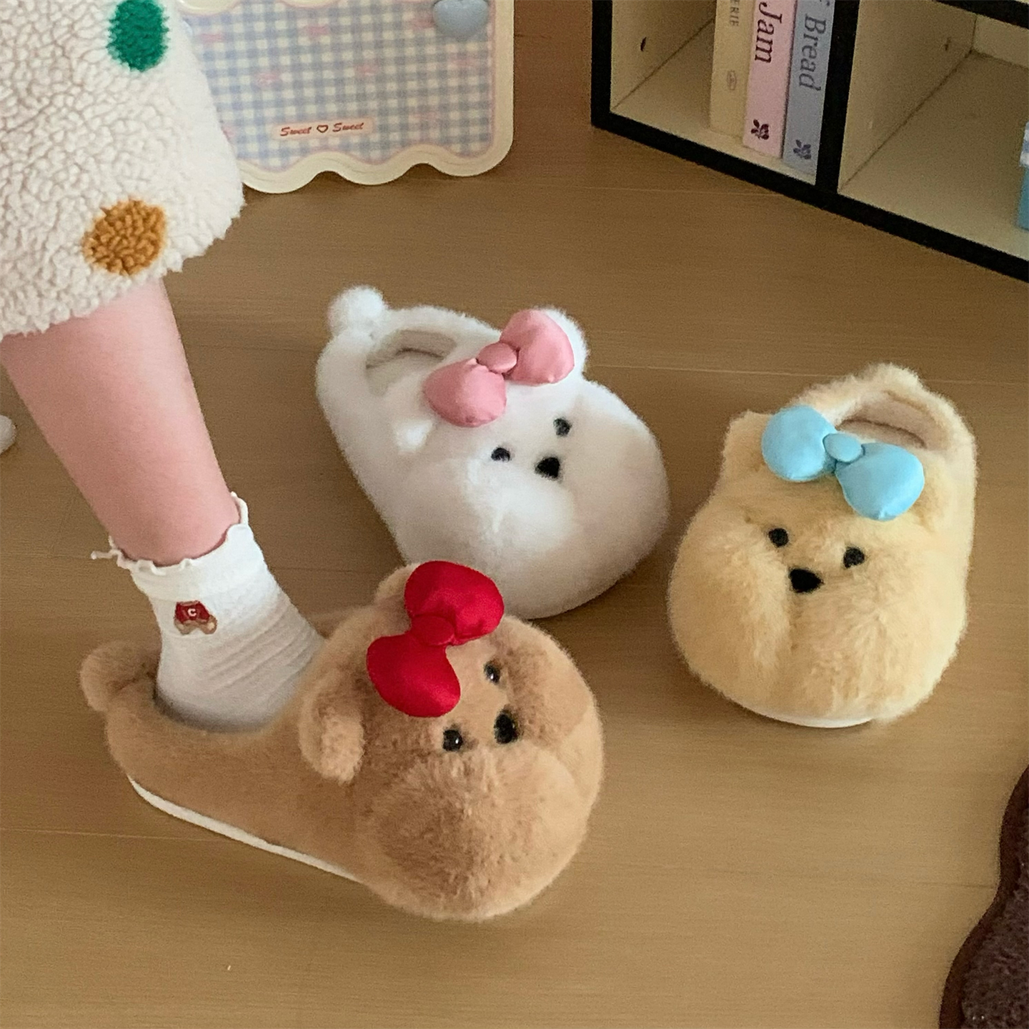 冬季居家蝴蝶结小熊棉拖鞋奶呼呼