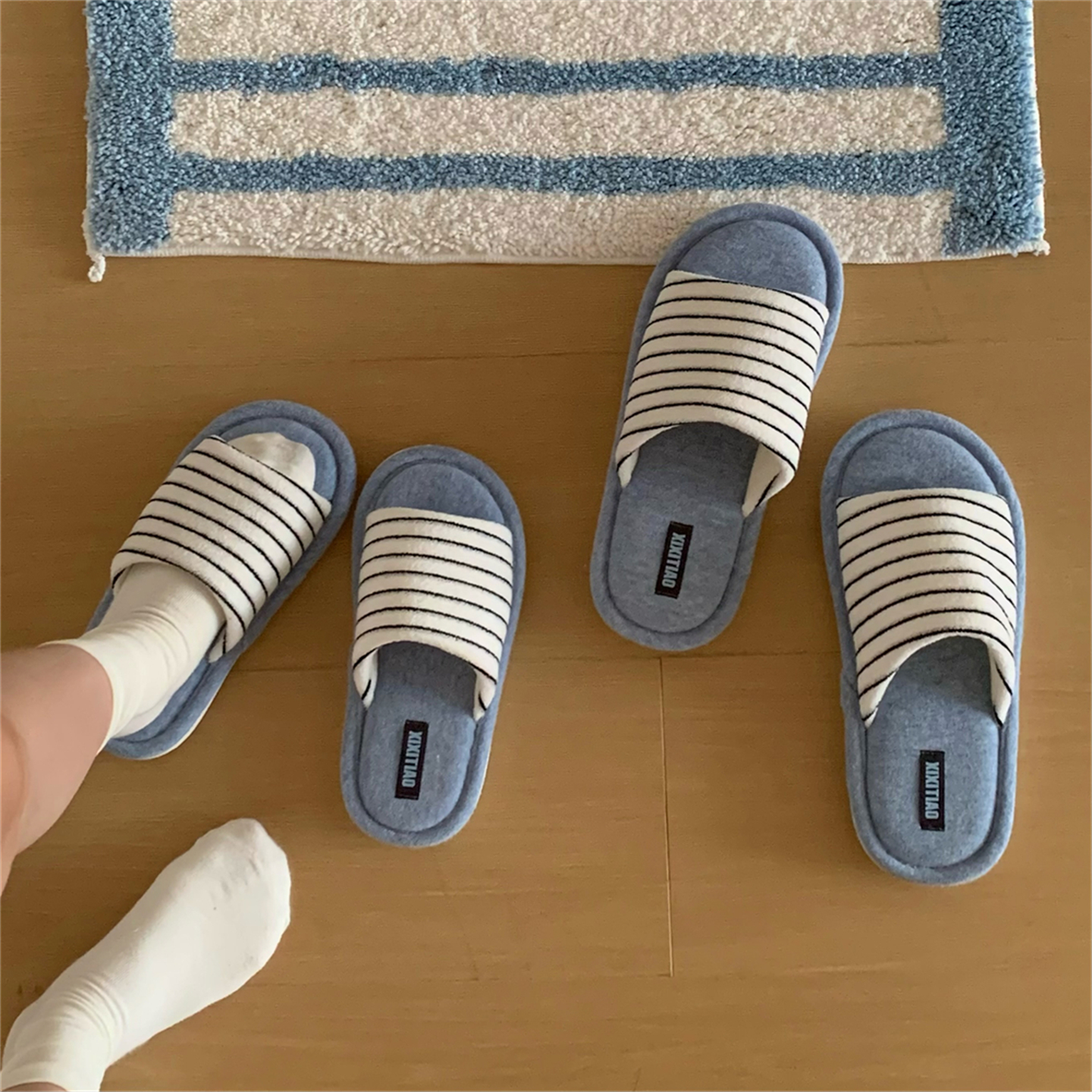 创意撞色条纹情侣男女一字棉拖鞋防滑软底卧室秋冬日系棉麻地板鞋