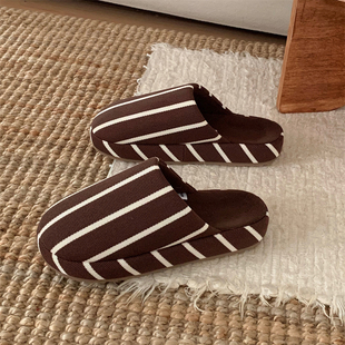 简约条纹高级情侣男女防滑棉拖鞋 冬卧室日式 无印风居家足弓地板鞋