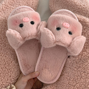 月子鞋 女士家居卧室防滑地板一字棉拖鞋 秋冬季 软底可爱小猪毛毛鞋