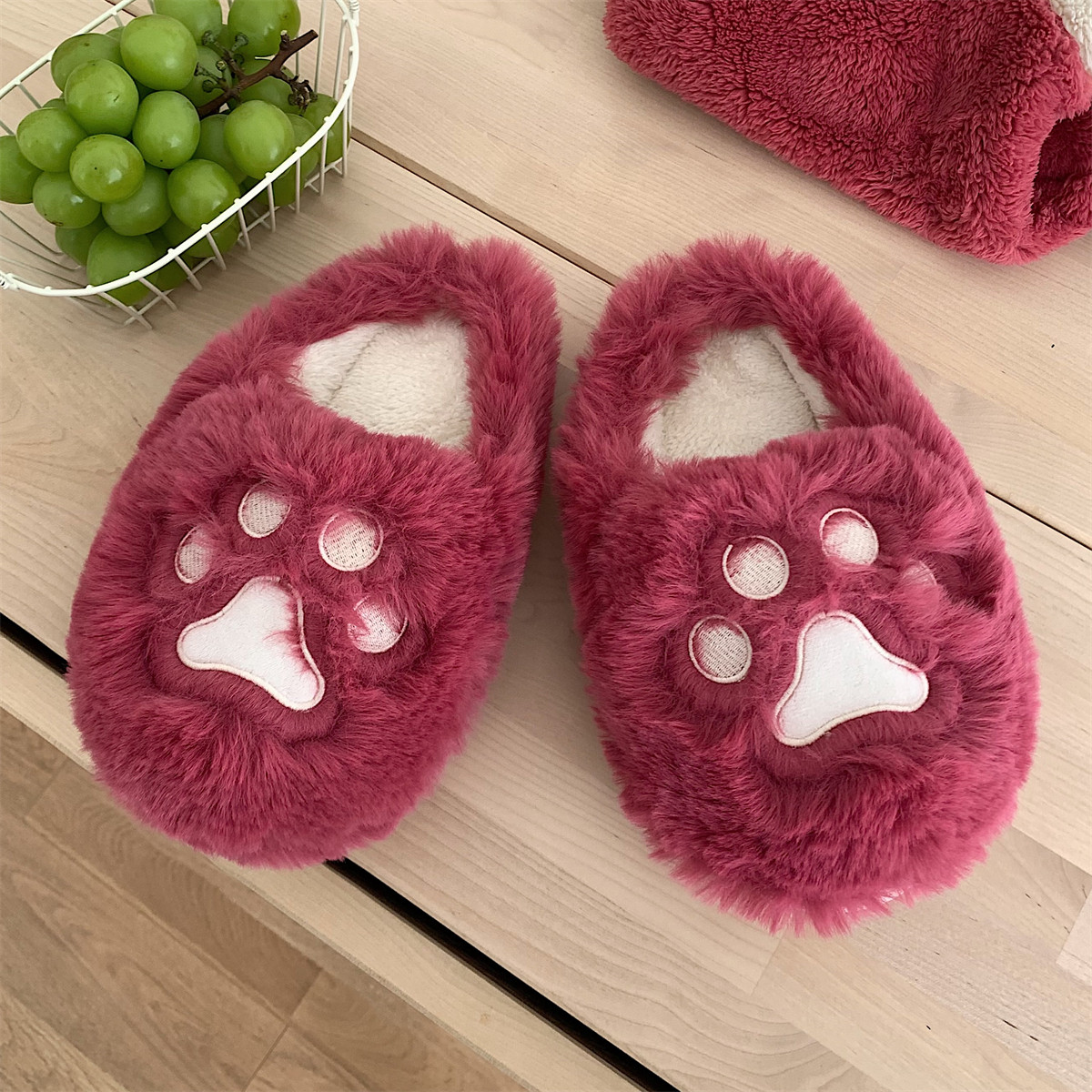 软萌可爱小熊爪毛绒保暖棉拖鞋女冬日系少女心居家防滑厚底月子鞋