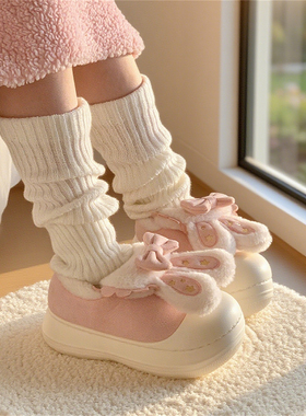 冬季网红厚底可爱兔耳朵面包鞋少女心百搭保暖外穿防滑加绒lo棉鞋