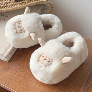 女软萌小羊亲子毛绒绒棉鞋 室内防滑保暖包跟棉拖鞋 冬季 软底月子鞋