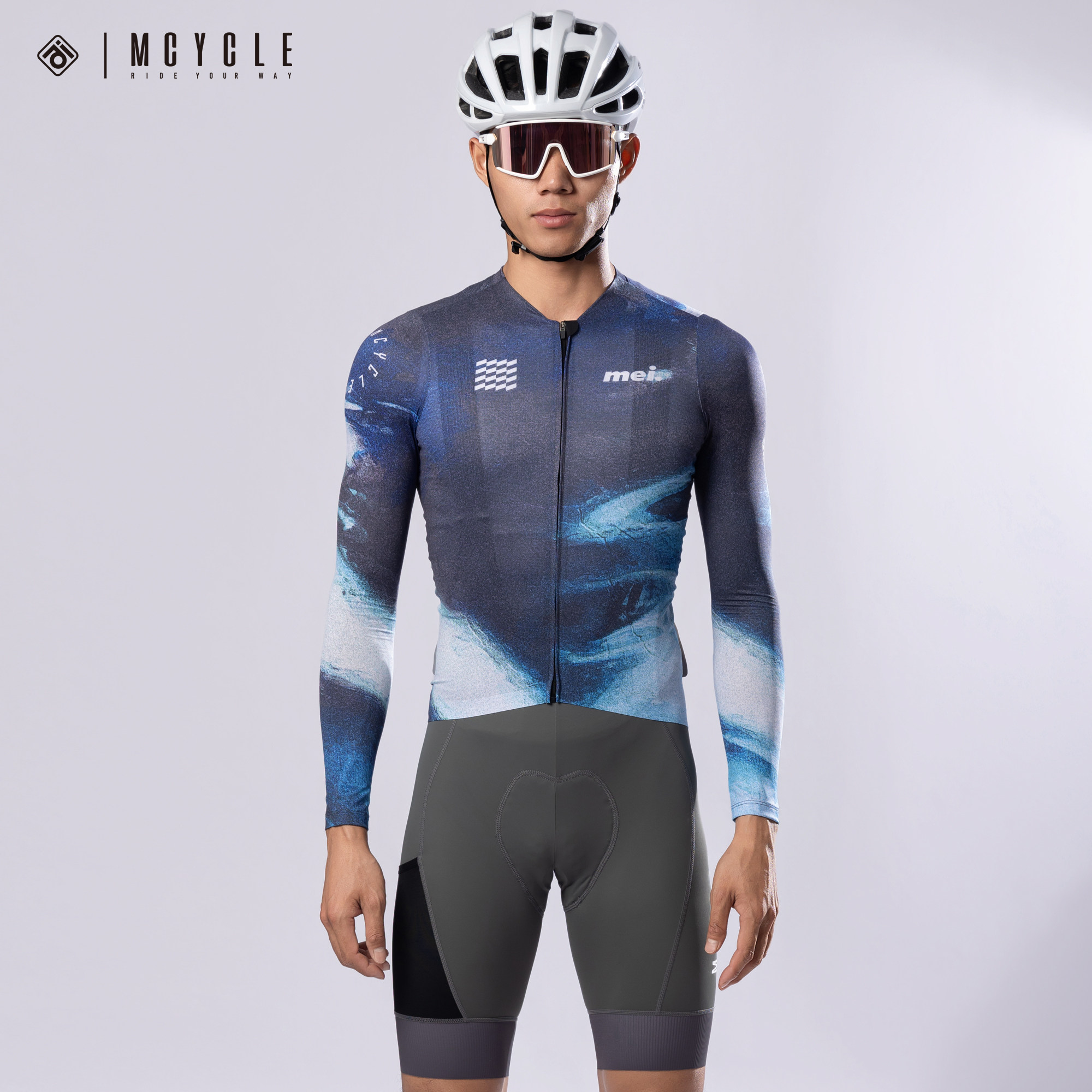 魅骑mcycle新款男骑行服长袖薄款春秋自行车公路服防晒透气星空蓝