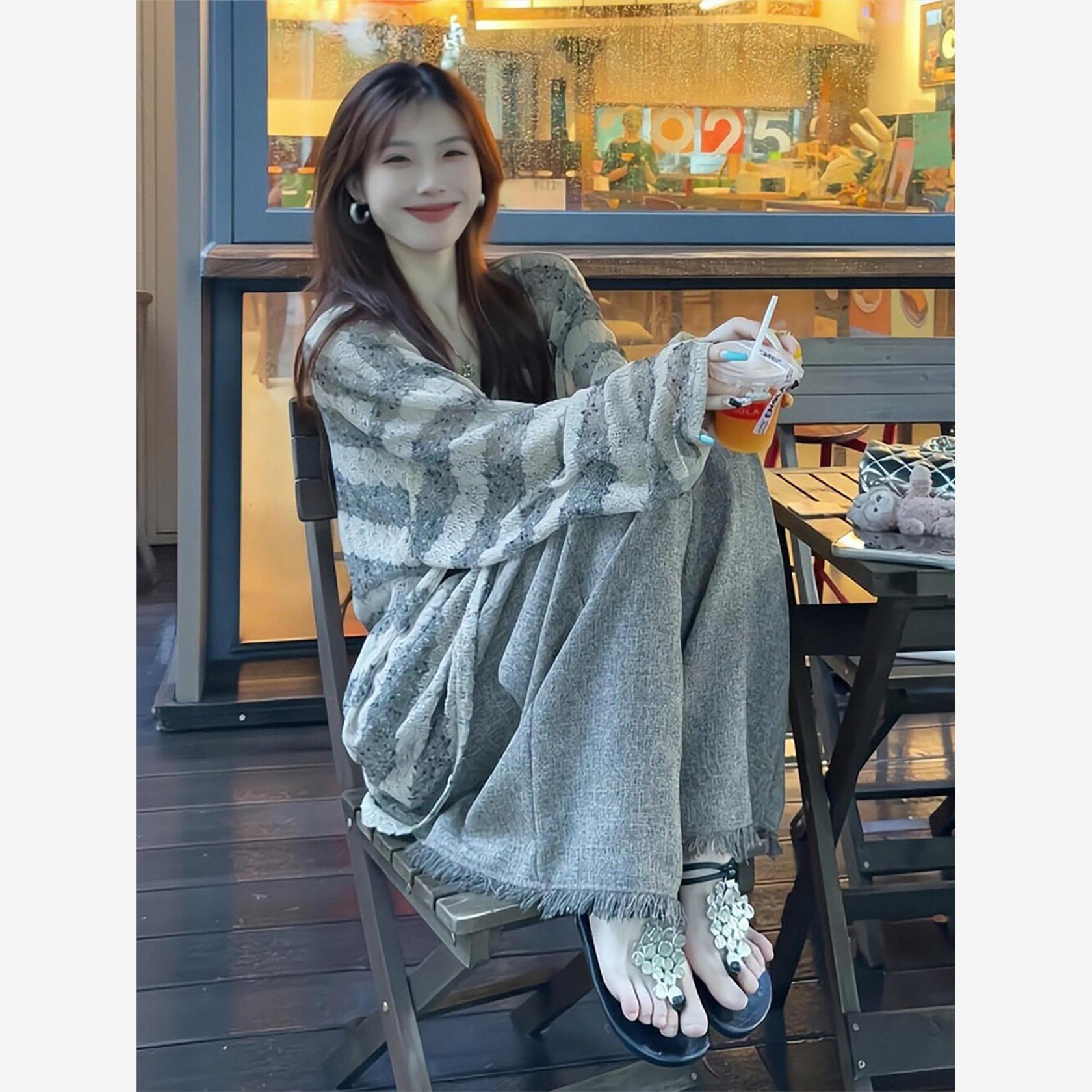2025早秋巨好看的套装女慵懒风韩版条纹宽松长袖上衣休闲阔腿裤子