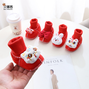 婴儿鞋子红色宝宝周岁步前鞋软底加绒袜套保暖学步袜秋冬款婴幼儿