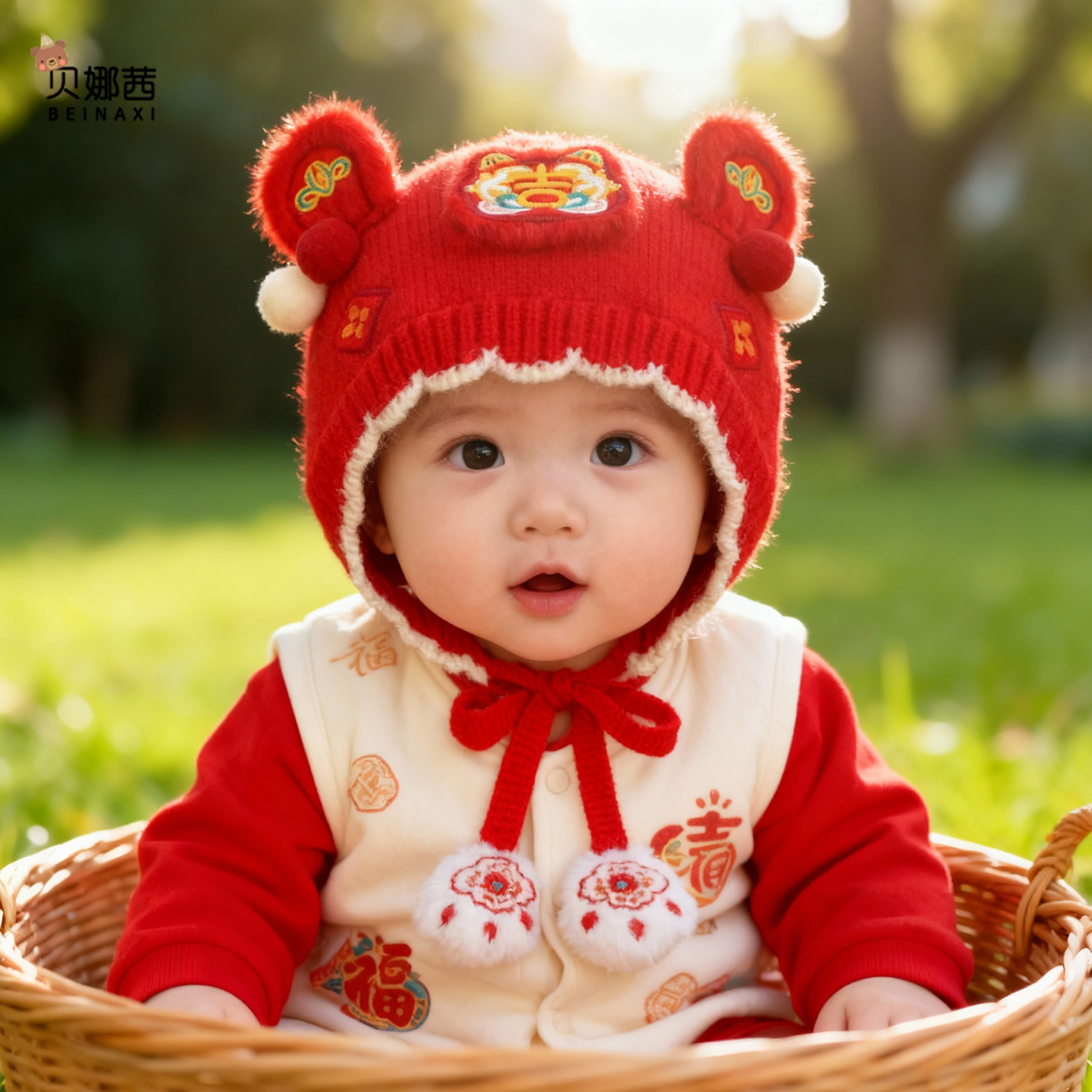 贝娜茜婴儿帽子秋冬季红色毛线帽