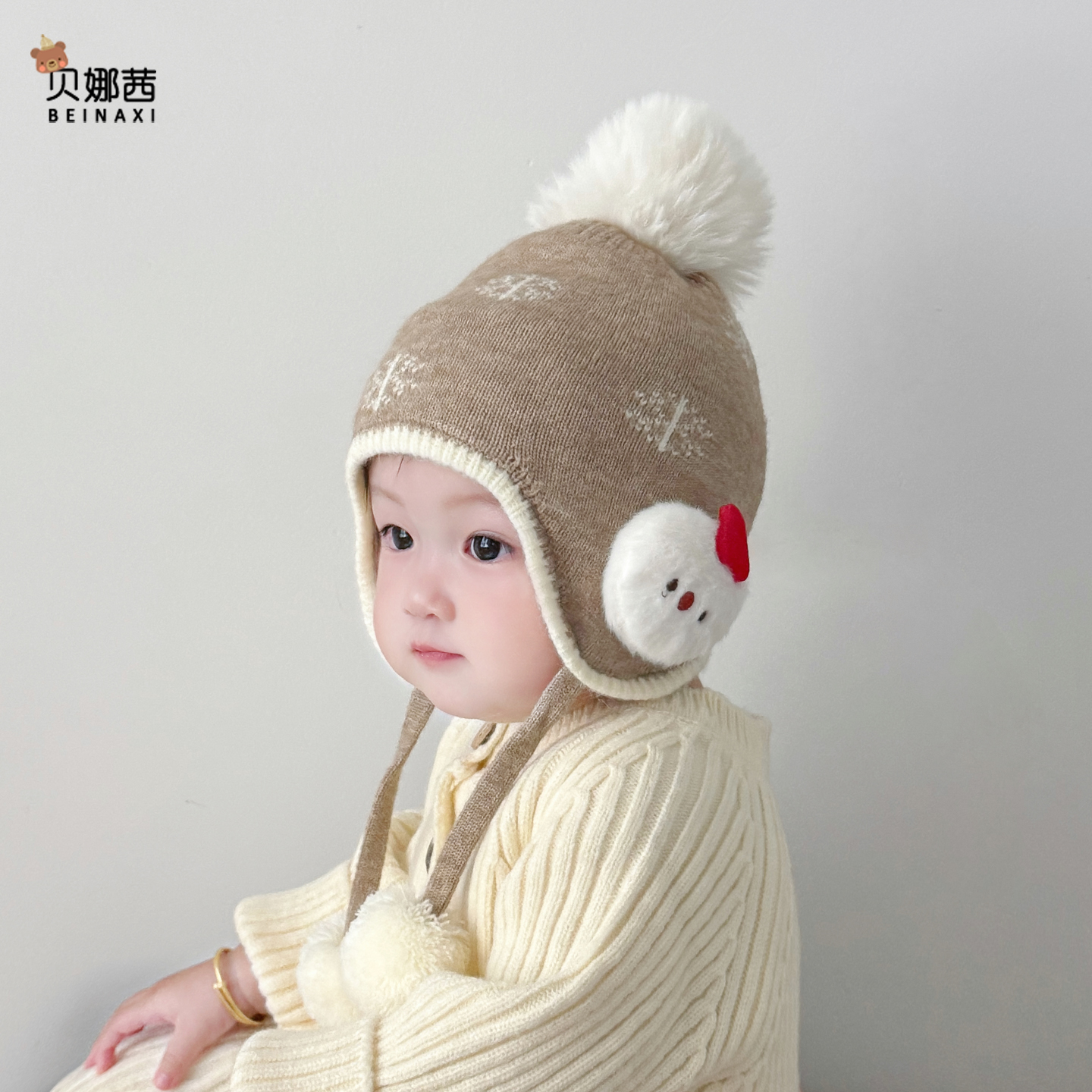 婴儿帽子秋冬季宝宝男卡通毛线帽加厚护耳帽外出女婴幼儿针织冬天