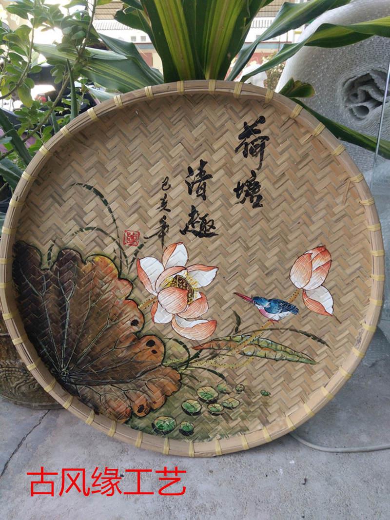 手绘竹编画餐厅挂画簸箕画农家乐饭店创意装饰复古怀旧工艺画包邮