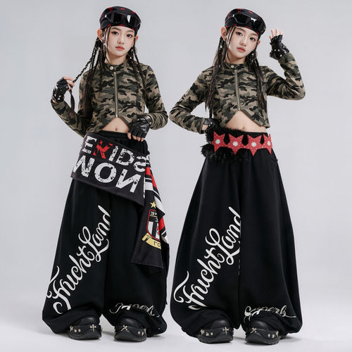 爵士舞服装女童jazz露脐迷彩夹克表演服套装少儿潮流街舞潮服女孩