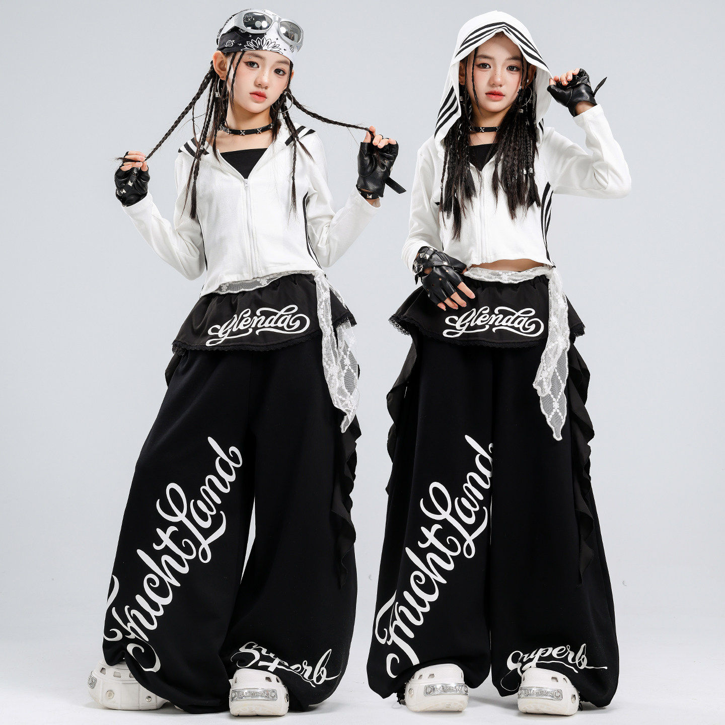 爵士舞服装女童jazz舞蹈演出服黑白连帽套装少儿走秀街舞表演服女