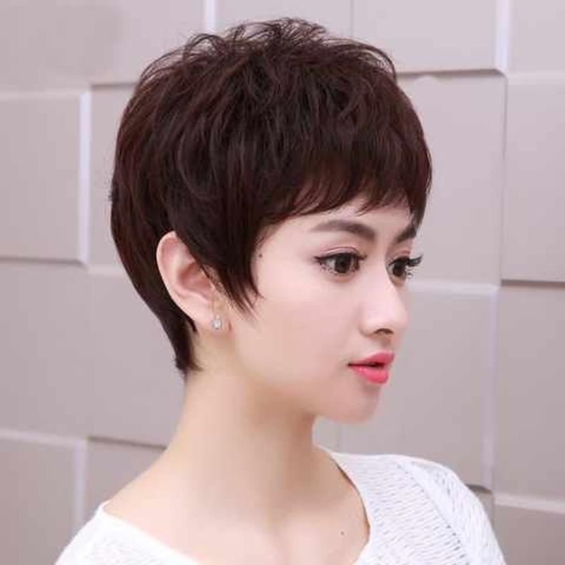 假发女短发短卷发女士圆脸发型真发妈妈假发轻薄款假发套