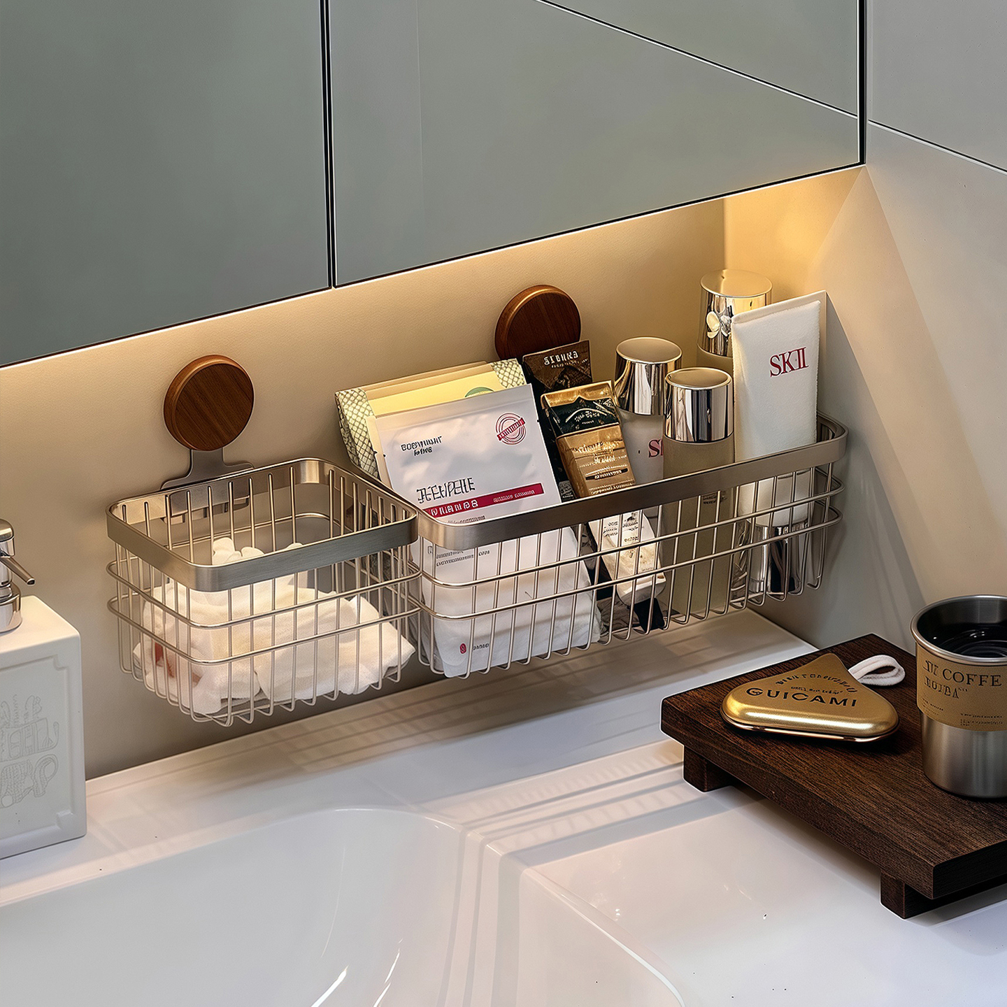 洗漱台置物架壁挂式免打孔不锈钢卫生间家用浴室护肤化妆品收纳