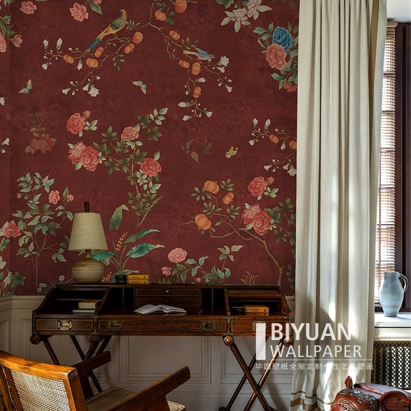 壁画定制法式牡丹花鸟壁纸卧室餐厅轻奢壁布客厅电视背景墙纸墙布,家装主材,无纺布墙纸,淘宝优惠券,粉丝福利购,淘宝优惠卷