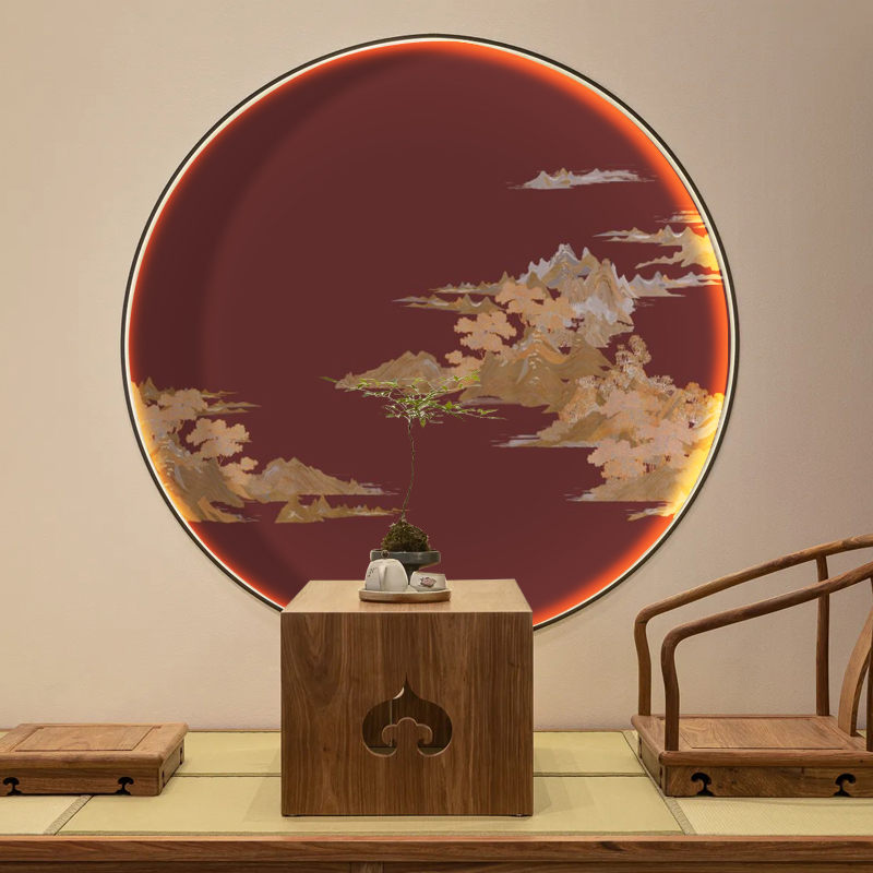 新中式玄关装饰画圆形画芯山水画客厅餐厅壁纸禅意茶室立体肌理画图片