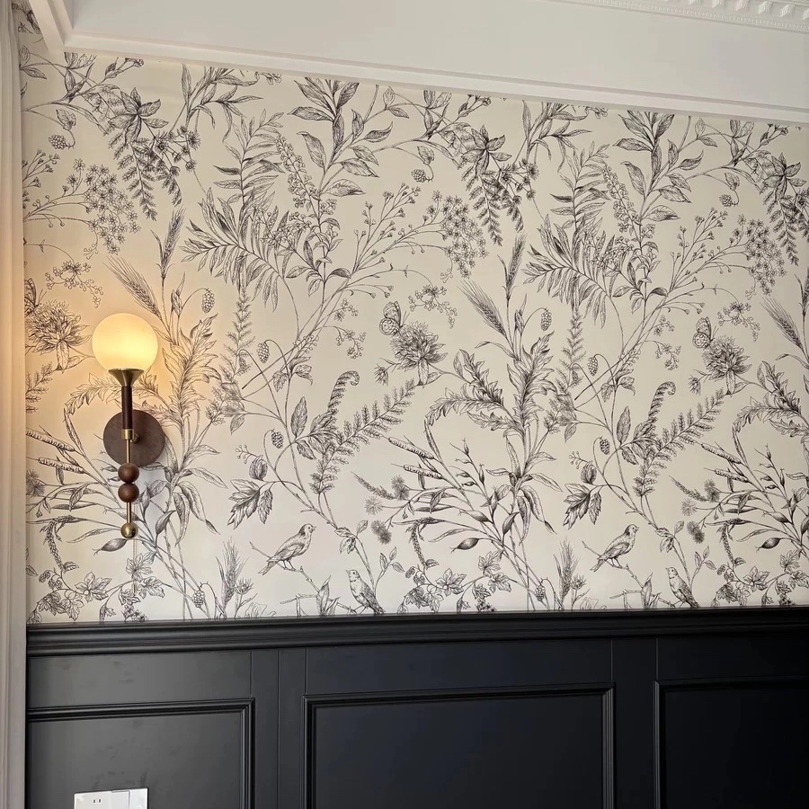 法式卧室床头背景墙纸黑白复古花鸟蝴蝶壁纸酒店名宿餐厅手绘墙布