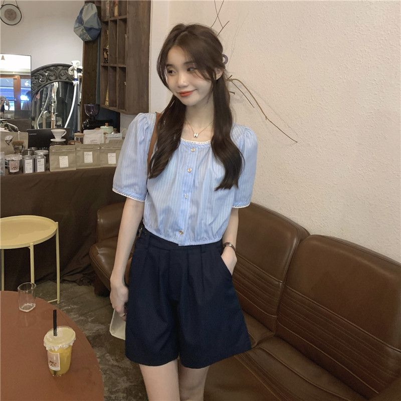 条纹圆领花边短袖衬衫女夏季新款气质宽松高腰显瘦阔腿短裤子套装