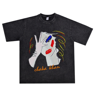 女歌手夏卡·康Chaka 宽松男女 Khan人物印花纯棉水洗做旧T恤短袖