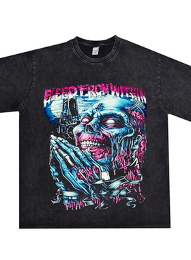 硬核摇滚金属Bleed from Within从内部出血乐队水洗做旧T恤宽松