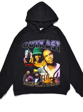 数码直喷流浪者乐队Outkast说唱印花加厚连帽宽松卫衣男国潮外套