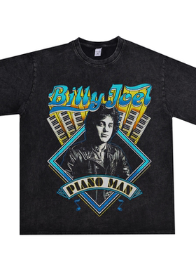 数码直喷摇滚歌手Billy Joel比利·乔人物做旧T恤短袖宽松纯棉