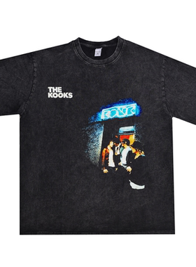 数码直喷另类摇滚the kooks傻瓜乐团印花T恤短袖宽松水洗做旧重磅