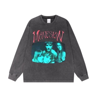 数码直喷maneskin流行金属个性摇滚乐队印花长袖T恤重磅纯棉宽松