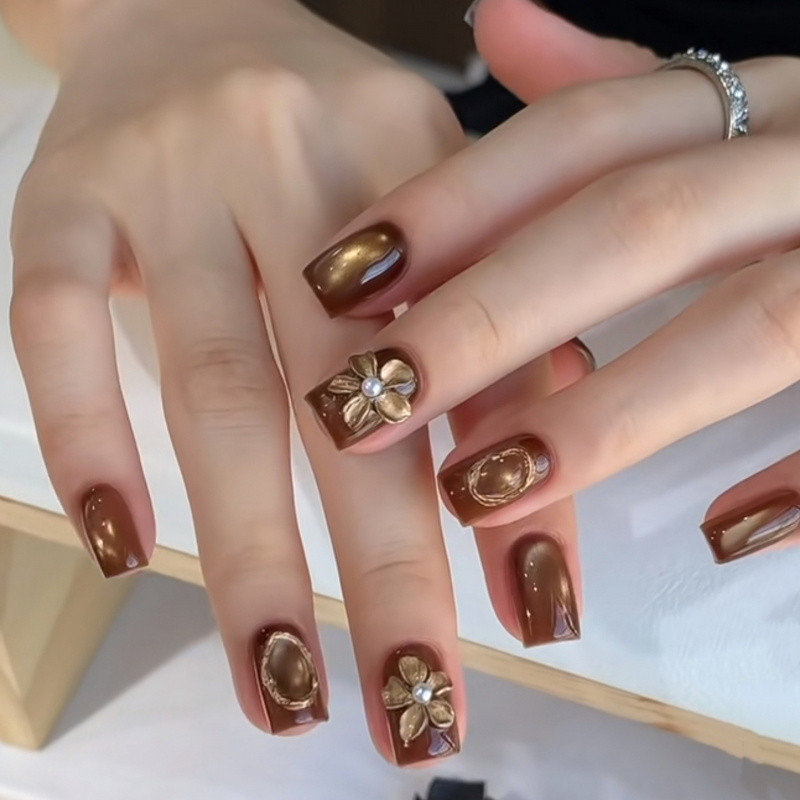 雅棕金蕊猫眼美甲5420