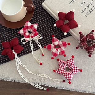 女童酒红格星星飘带小号套圈宝宝丸子头花发圈发绳小女孩新年头绳