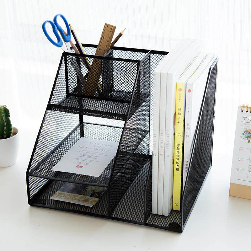 广博(GuangBo)金属网状多功能文件框/文件筐/带笔筒收纳架办公用