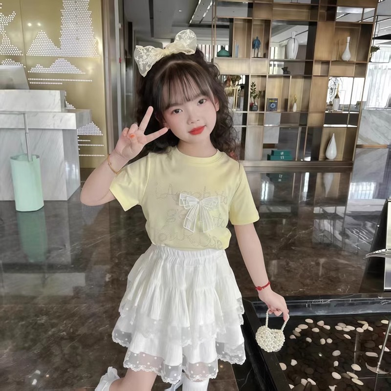 女童短袖套装夏季2025新款儿童夏装女孩蕾丝花边半身裙两件套洋气