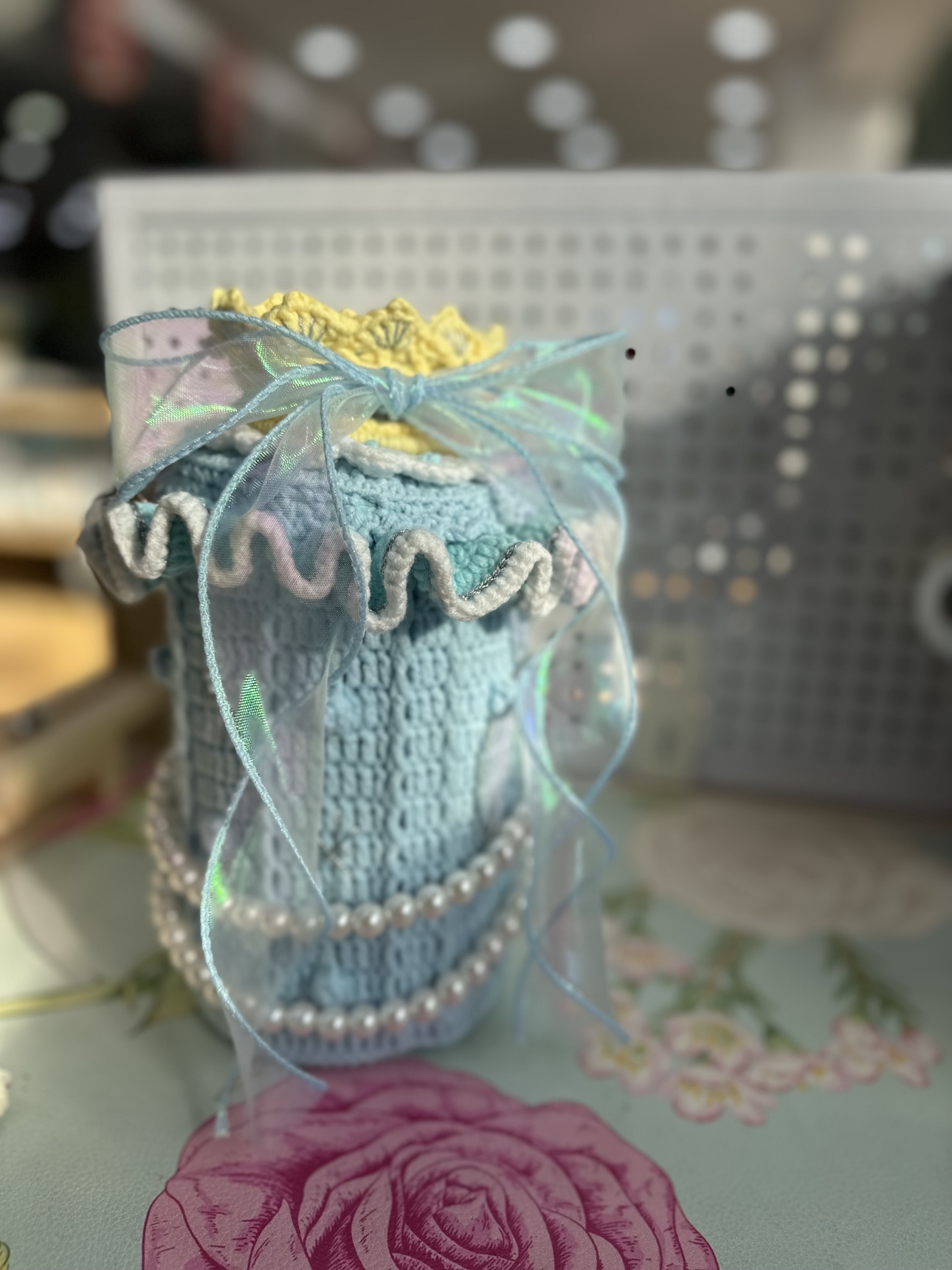 【成品现货】毛线钩织成品水桶包艾莎手机包珍珠包带编织