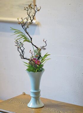 池坊流教学专用花器  手工陶瓷 白色白釉 花瓶插花禅意 墨蓝包邮