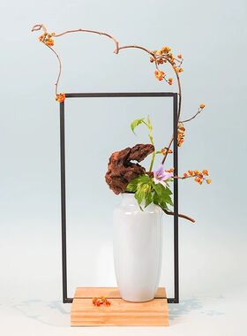 铁艺竹木底座 花艺花道插花摆件 中式日式空间摆设茶席桌面装饰