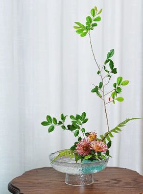 透明玻璃高脚花器日式风格插花盘 茶桌用简约花瓶甜点果盘
