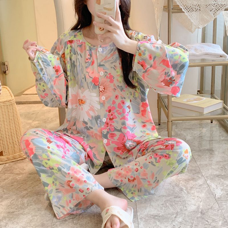 棉绸睡衣女春秋夏薄款宽松大码长袖长裤人造棉套装家居可外穿开衫