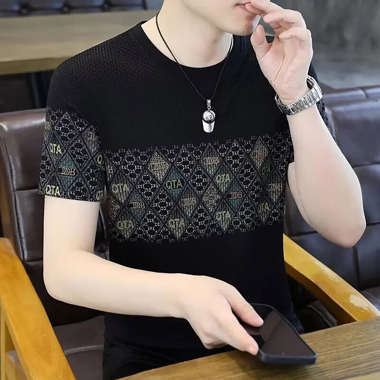 玟若服饰男装高档轻奢印花圆领短袖T恤春夏男士冰丝半袖休闲上衣